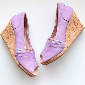 Toms Purple Canvas Peep Tpe Cork Wedge Heel Sandals Summer Shoes Size 8.5